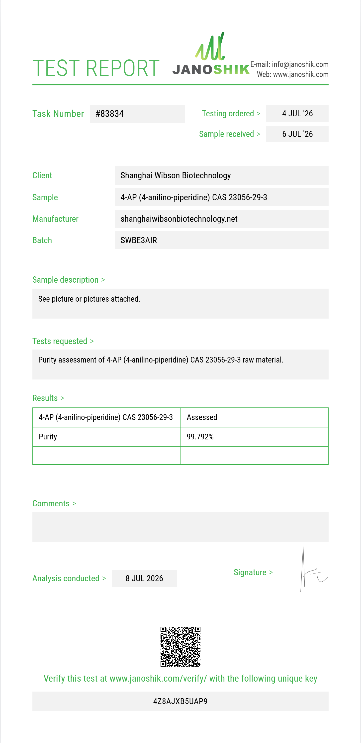 4-AP (4-anilino-piperidine / N-phenyl-4-piperidinamine) CAS 23056-29-3 Purity (HPLC) report by Janoshik Analytical