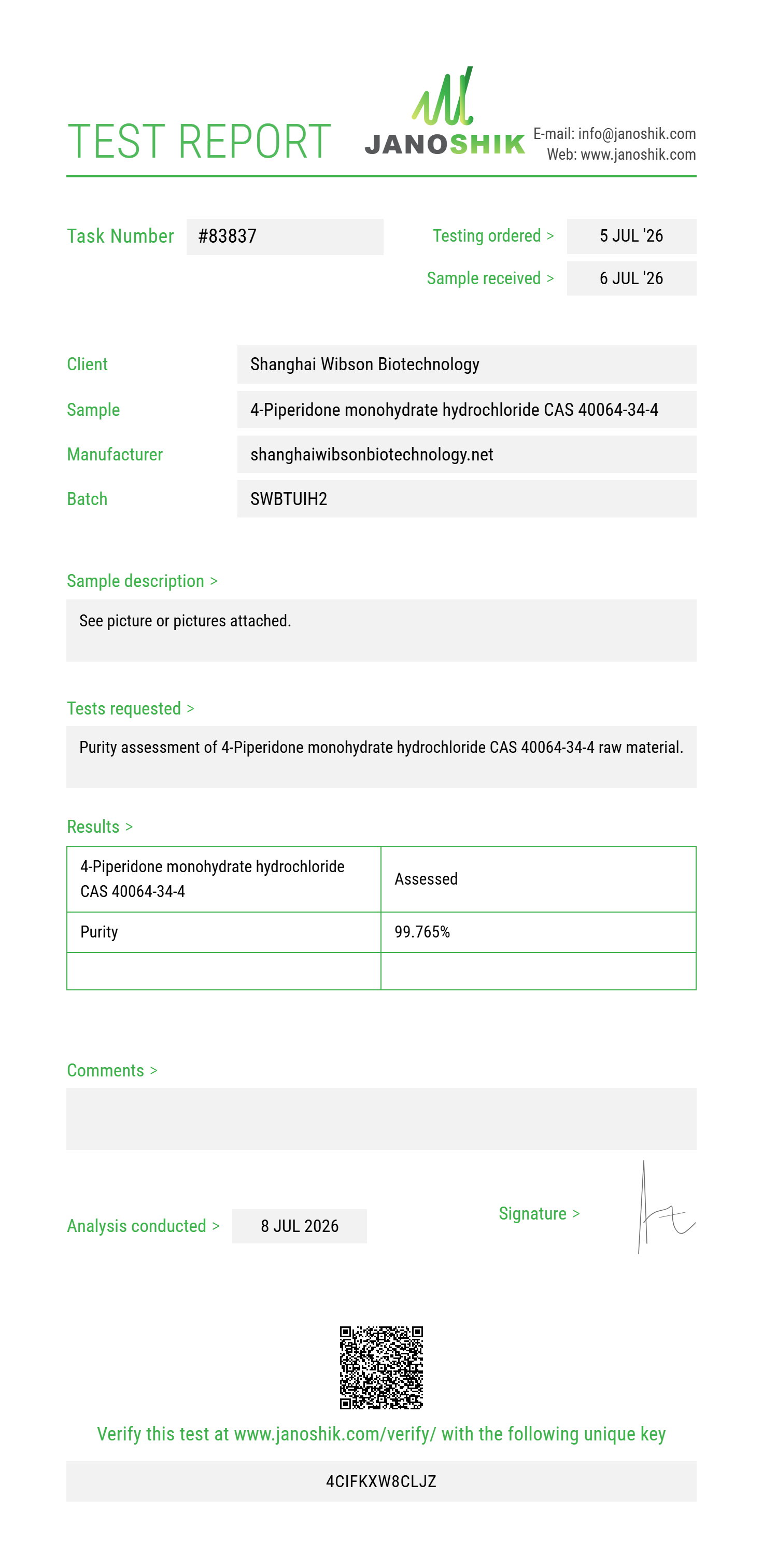 4-Piperidone monohydrate hydrochloride CAS 40064-34-4 Purity (HPLC) report by Janoshik Analytical
