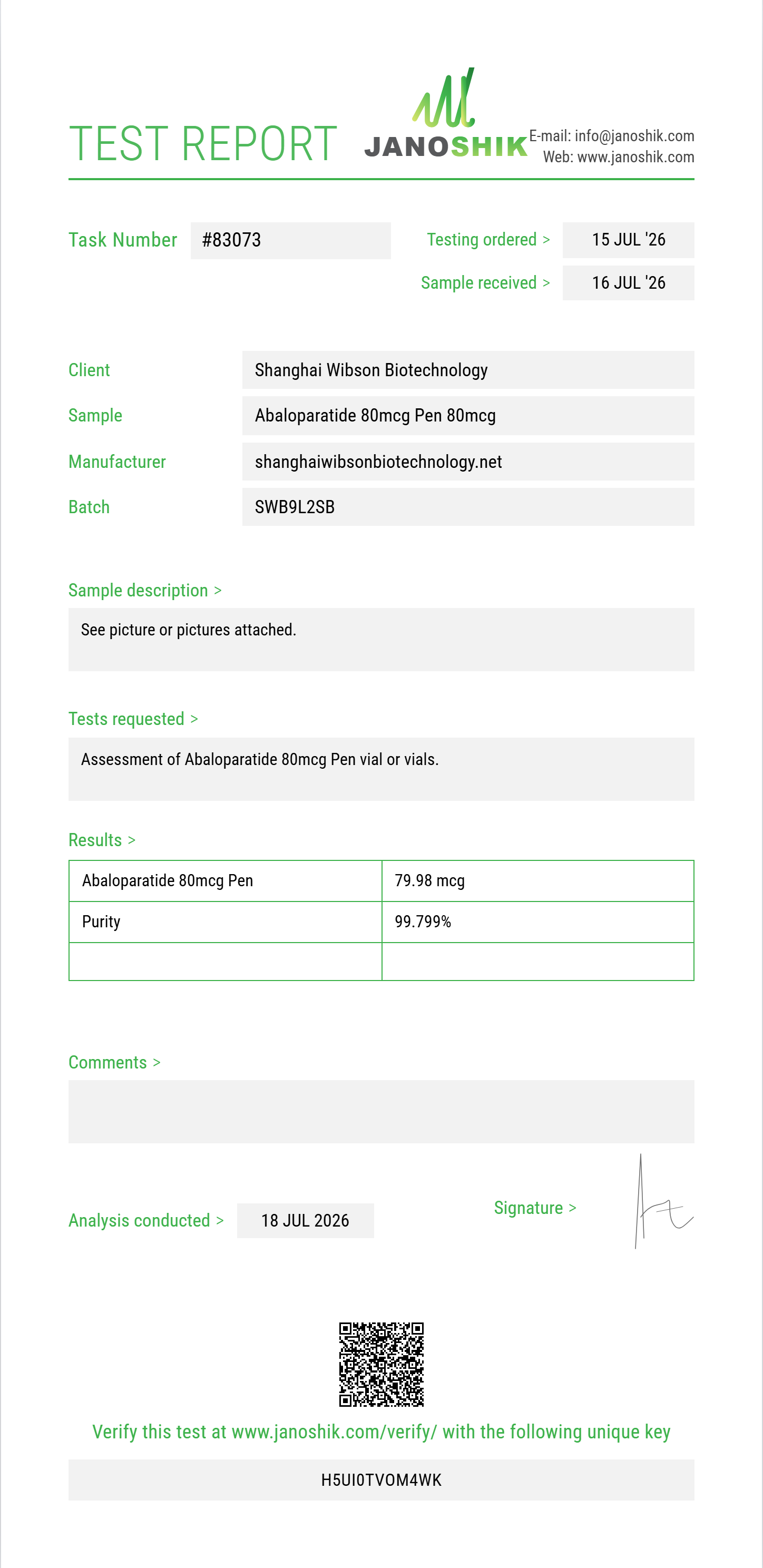 Abaloparatide Purity (HPLC) report by Janoshik Analytical