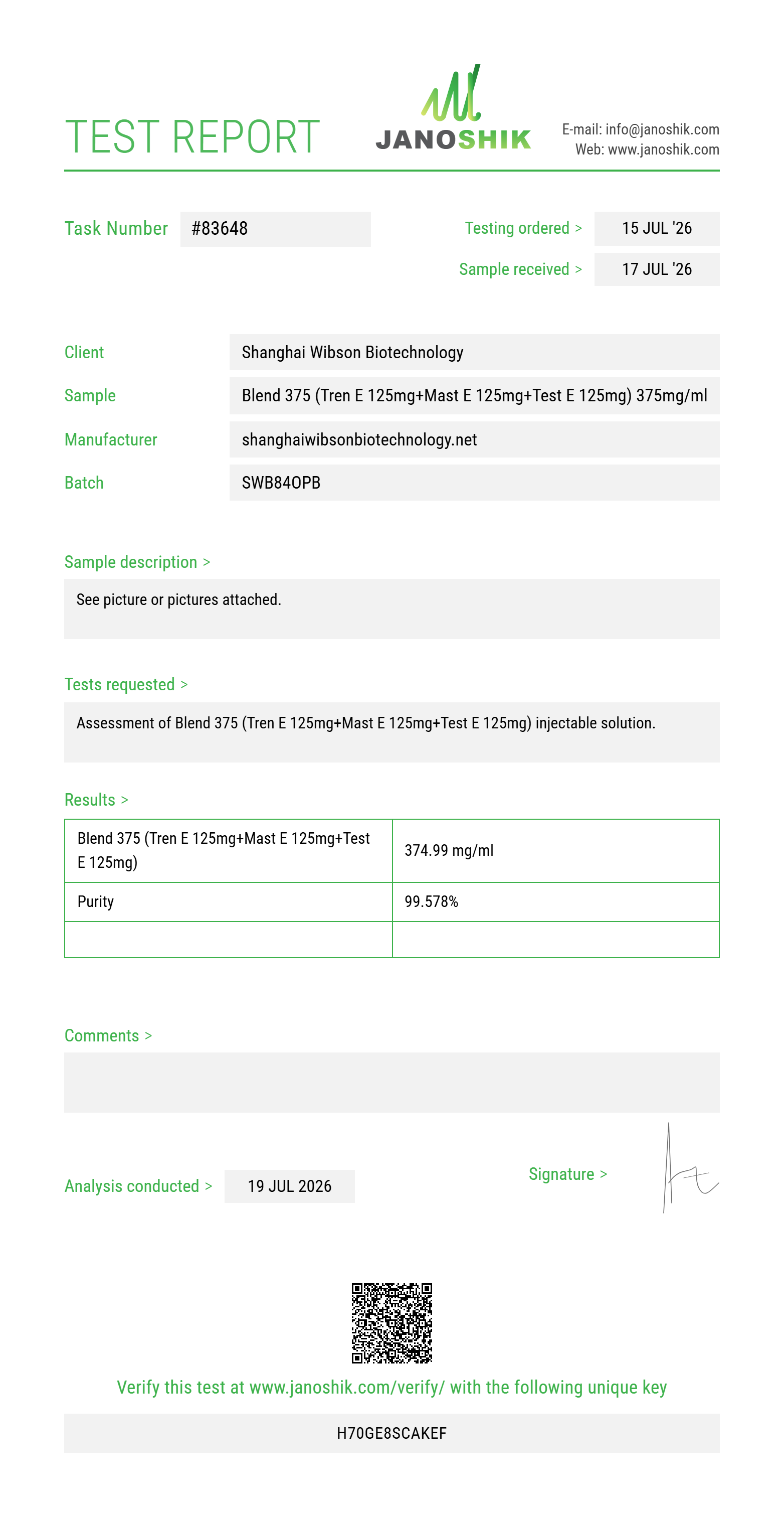 Blend 375 (Tren E 125mg+Mast E 125mg+Test E 125mg) Purity (HPLC) report by Janoshik Analytical