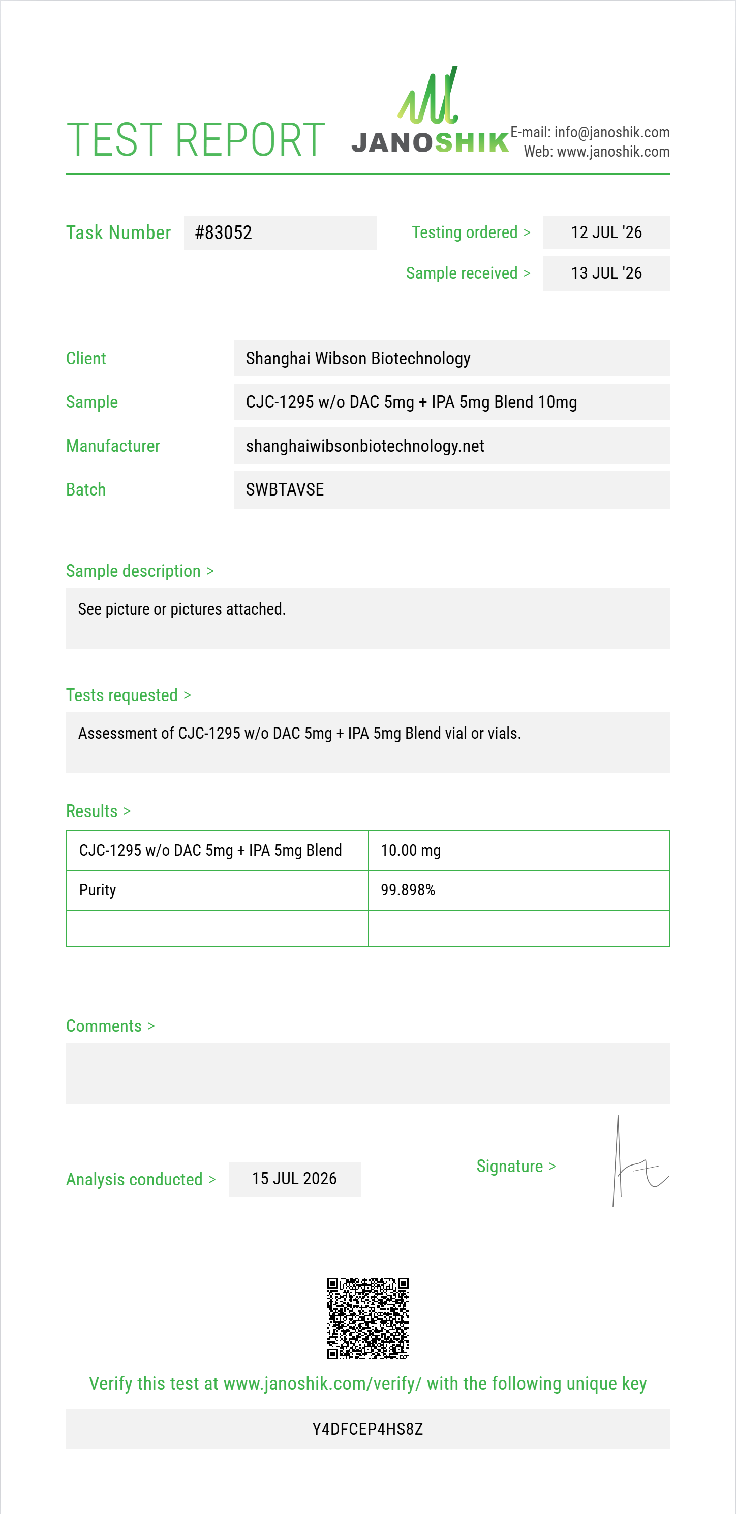CJC-1295 w/o DAC 5mg + IPA 5mg Blend Purity (HPLC) report by Janoshik Analytical