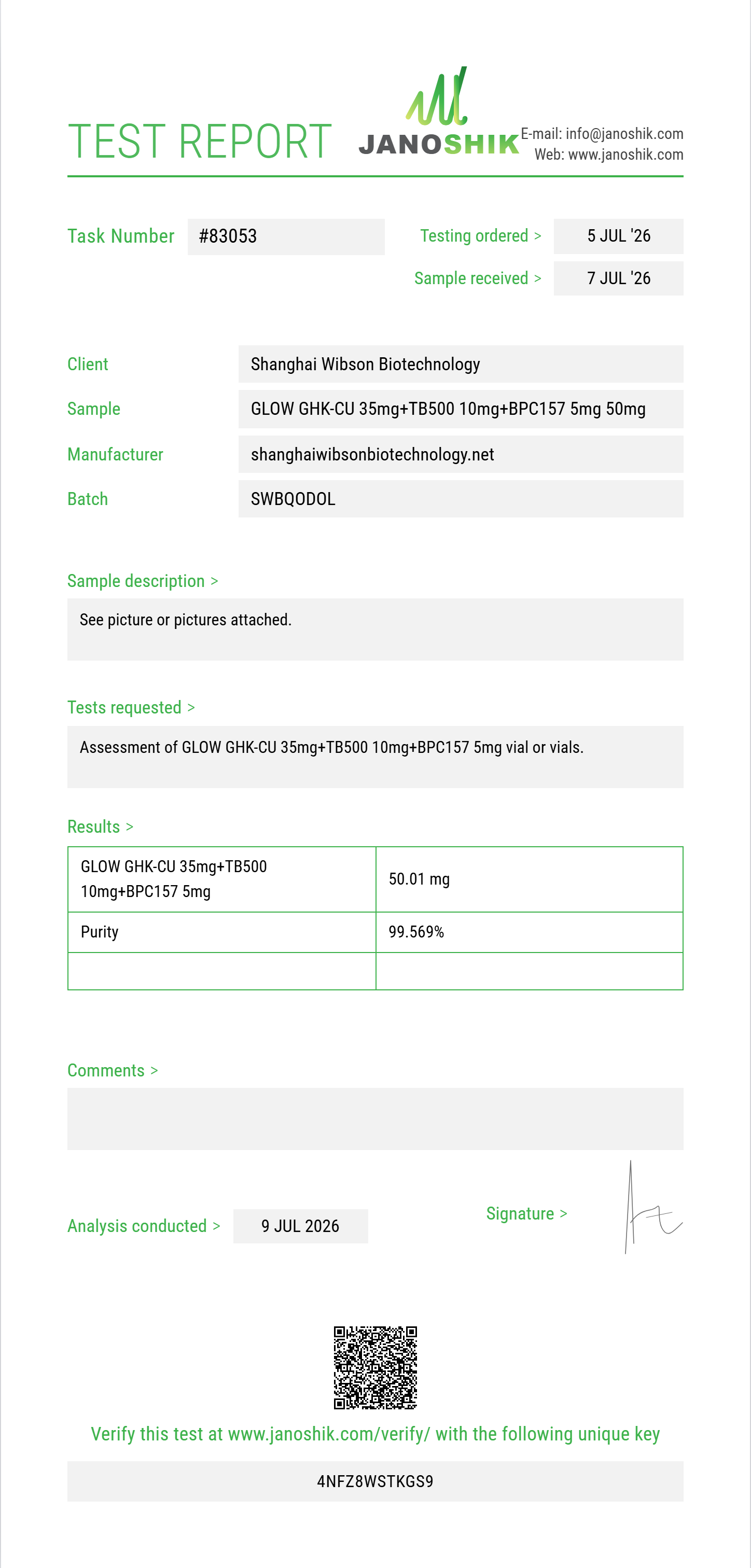 GLOW GHK-CU 35mg+TB500 10mg+BPC157 5mg Purity (HPLC) report by Janoshik Analytical