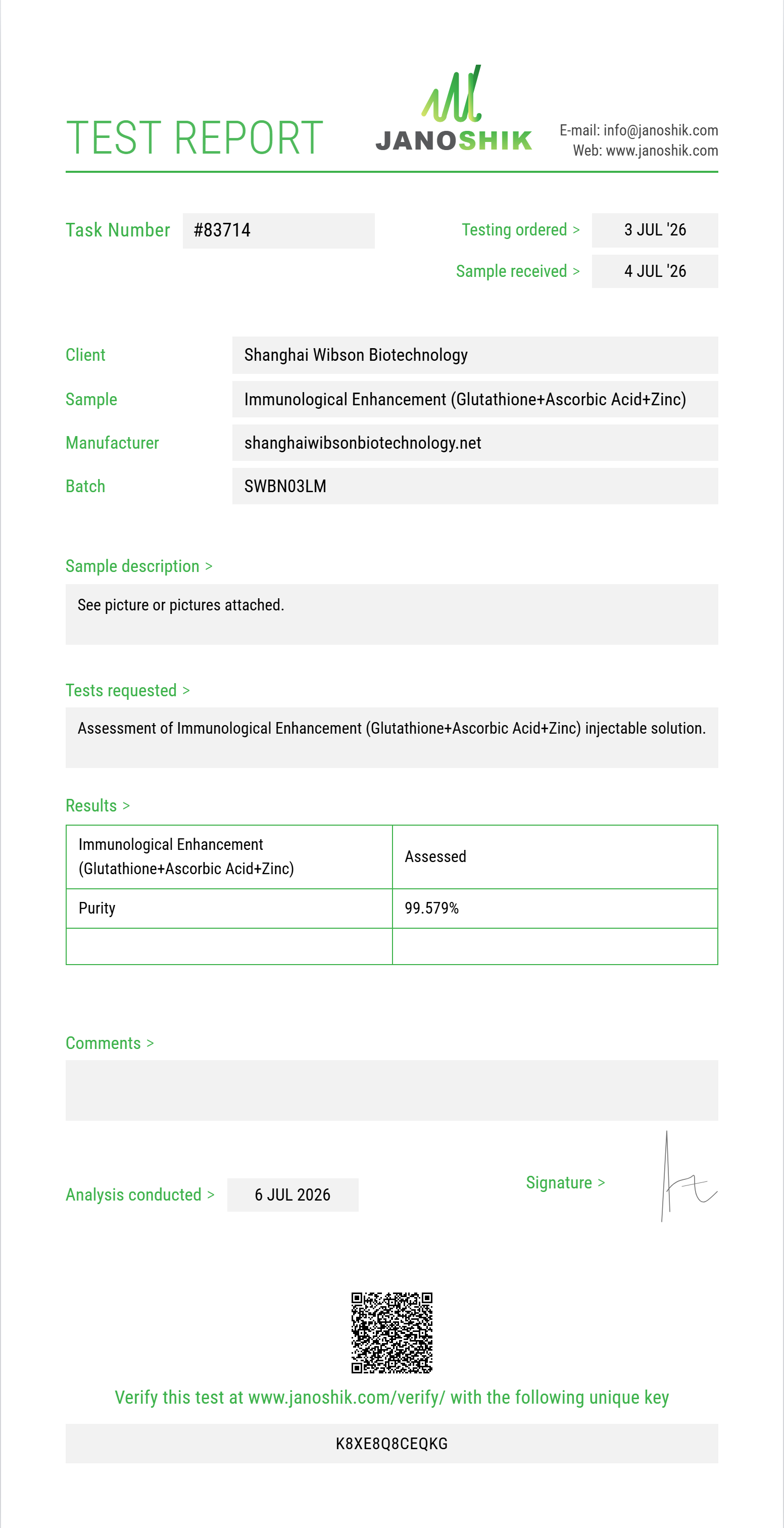 Immunological Enhancement (Glutathione 200mg+Ascorbic Acid 200mg+Zinc Sulfate 2.5mg) Purity (HPLC) report by Janoshik Analytical