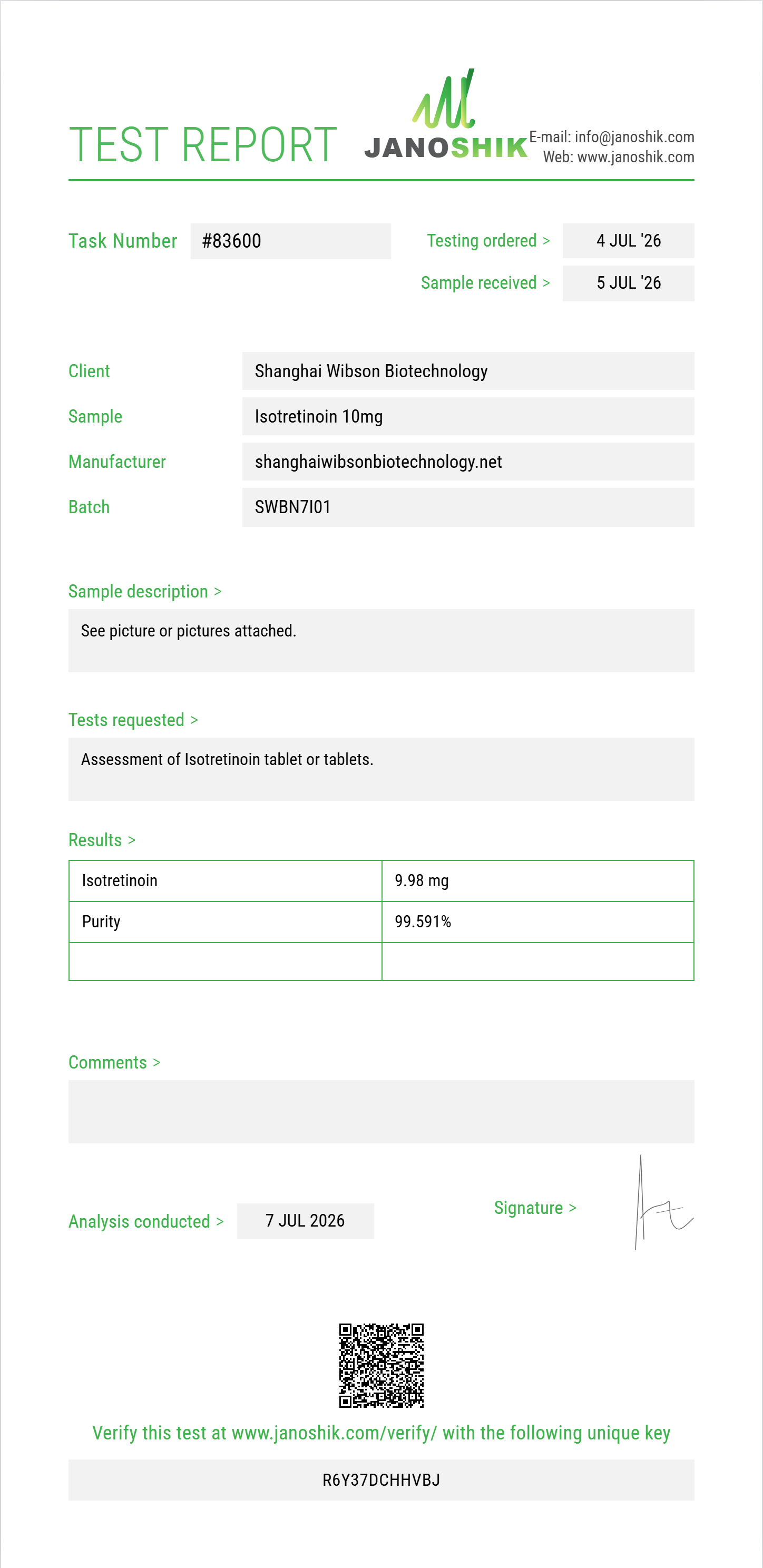Isotretinoin Purity (HPLC) report by Janoshik Analytical