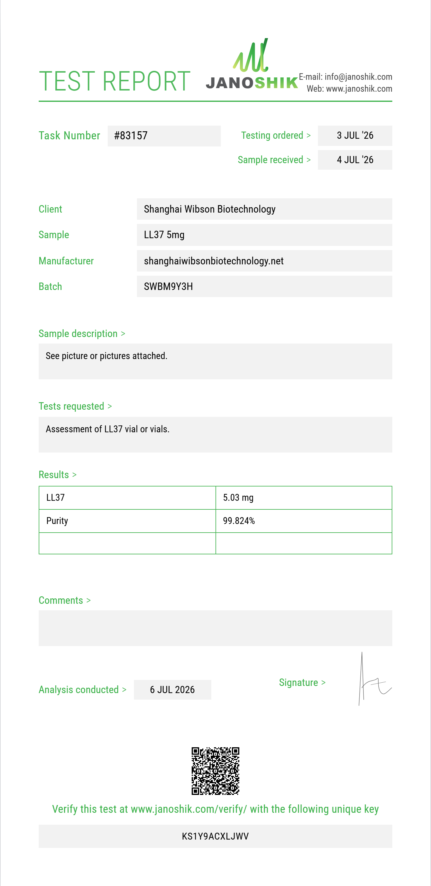 LL37 Purity (HPLC) report by Janoshik Analytical