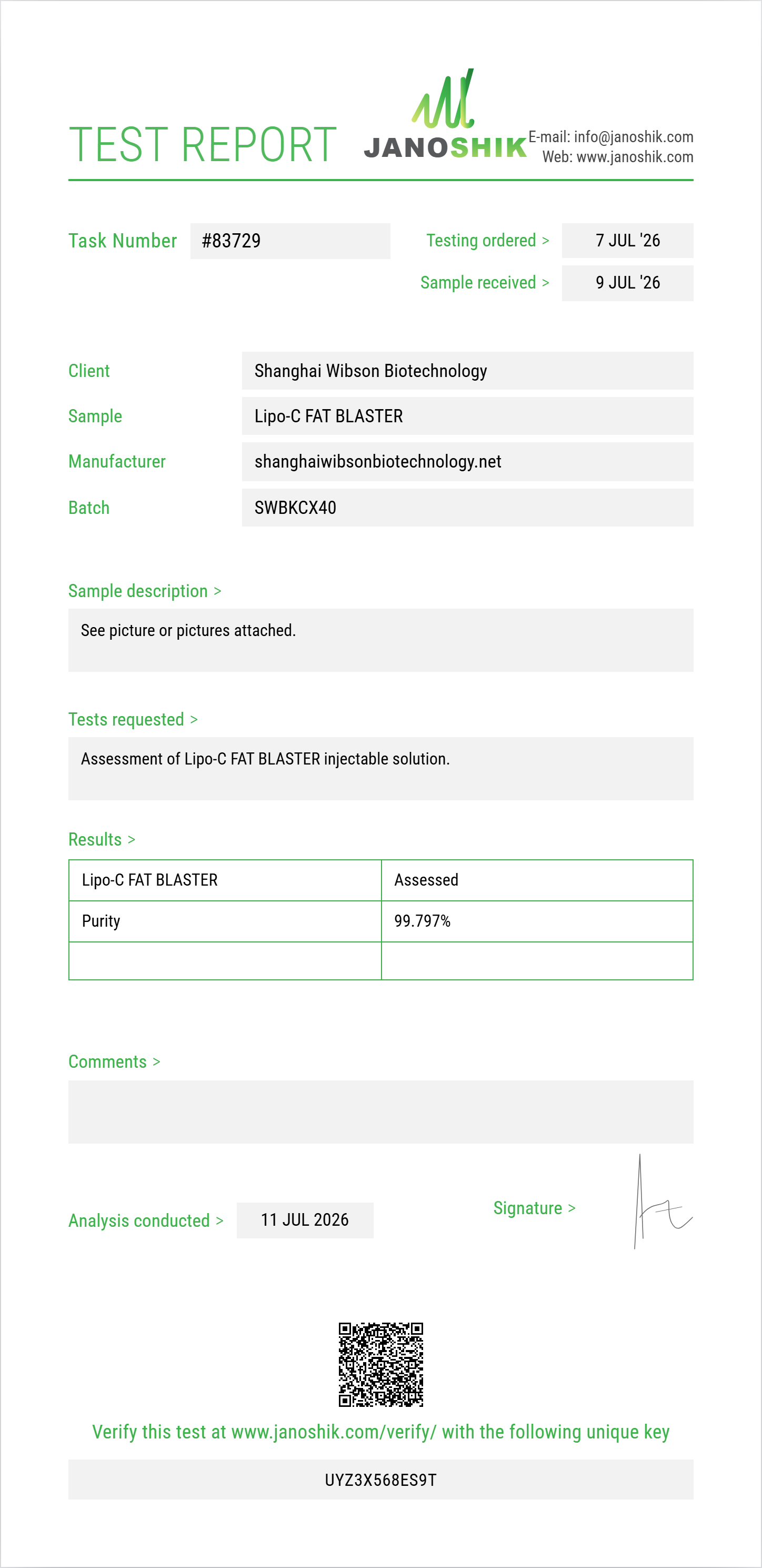 Lipo-C FAT BLASTER Purity (HPLC) report by Janoshik Analytical