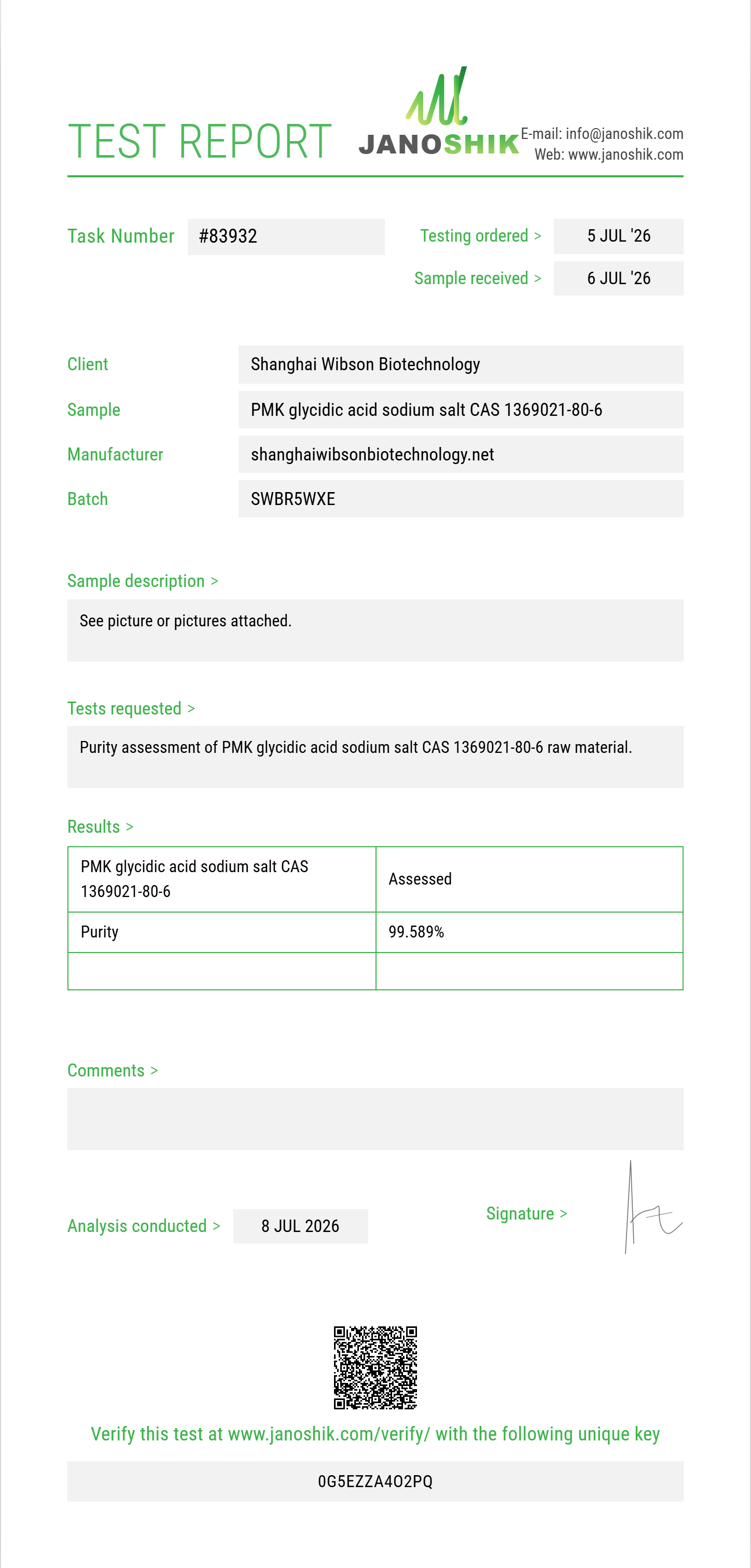 PMK glycidic acid (3,4-MDP-2-P methyl glycidic acid / sodium salt) CAS 1369021-80-6 Purity (HPLC) report by Janoshik Analytical