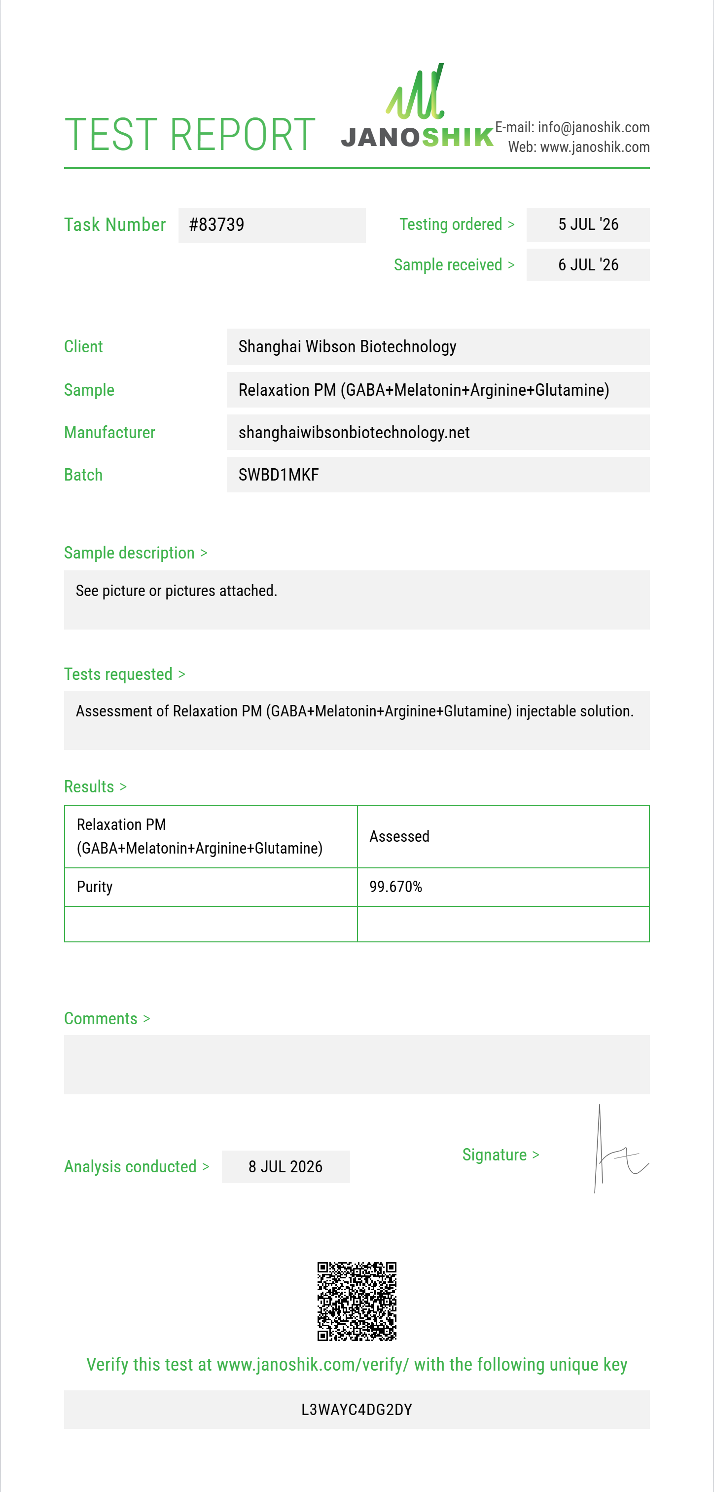 Relaxation PM (GABA 100mg+Melatonin 1mg+Arginine 100mg+Glutamine 25mg) Purity (HPLC) report by Janoshik Analytical