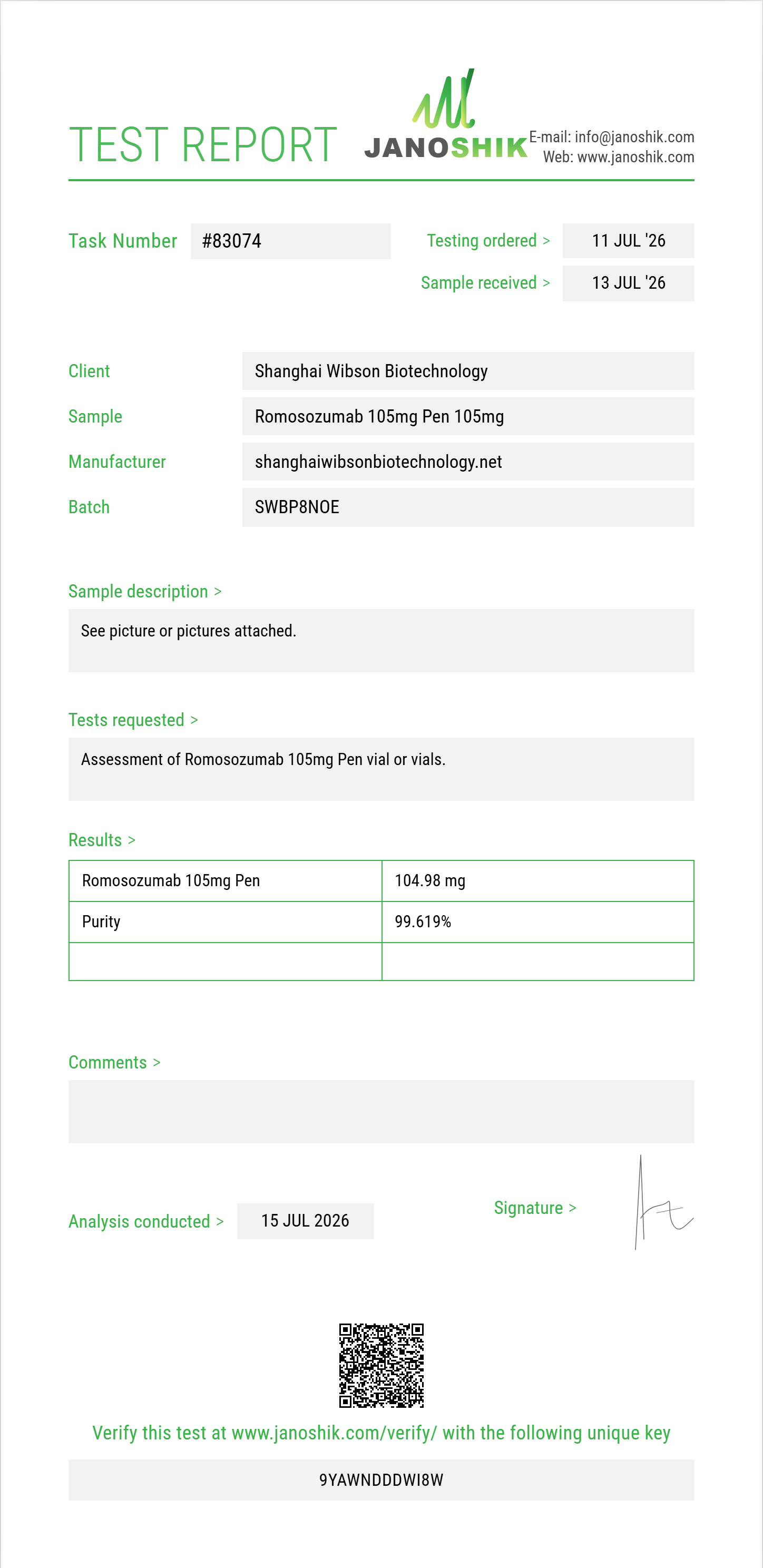 Romosozumab Purity (HPLC) report by Janoshik Analytical