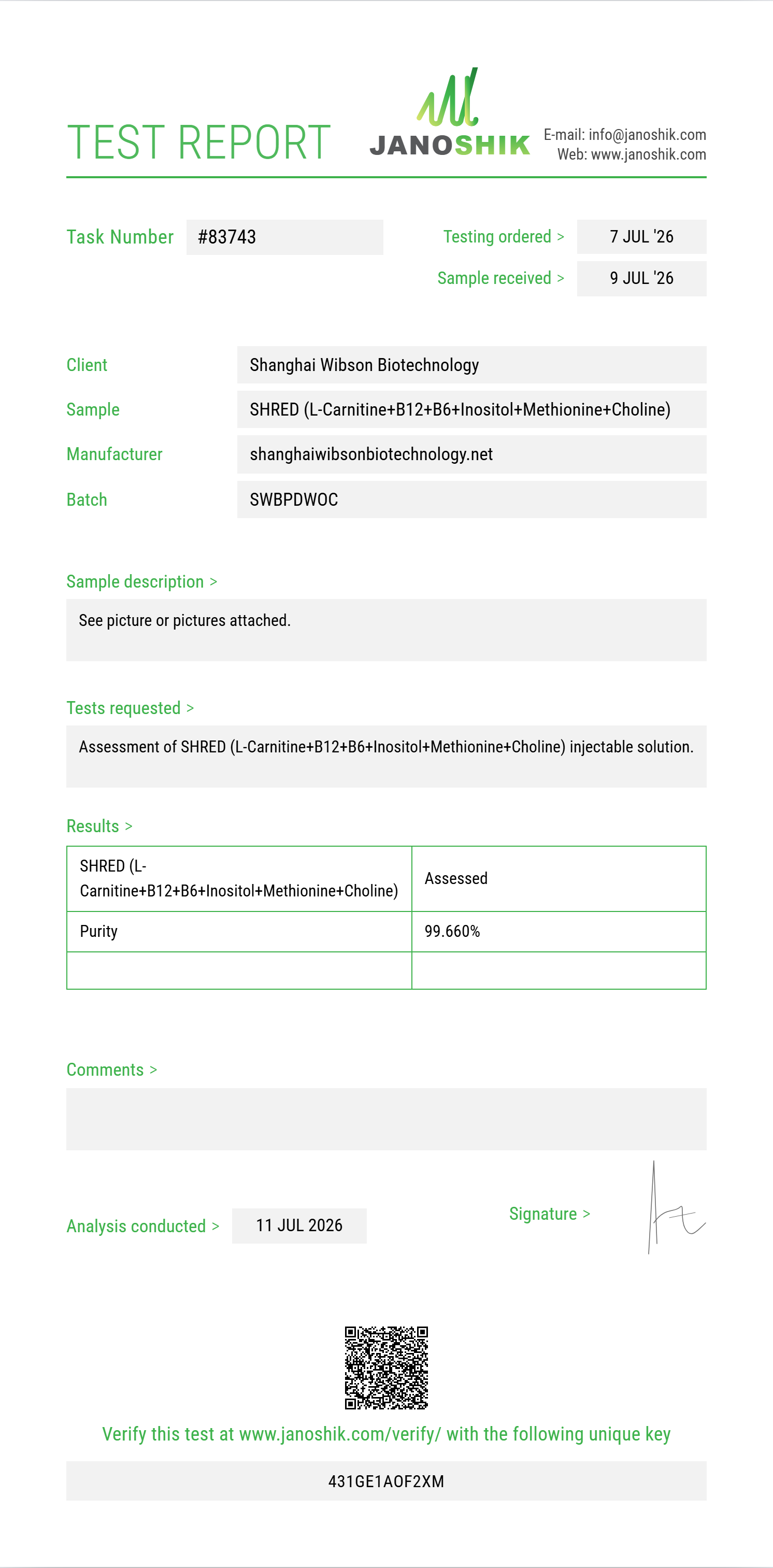 SHRED (L-Carnitine 200mg+B12+B6+Inositol+Methionine+Choline) Purity (HPLC) report by Janoshik Analytical