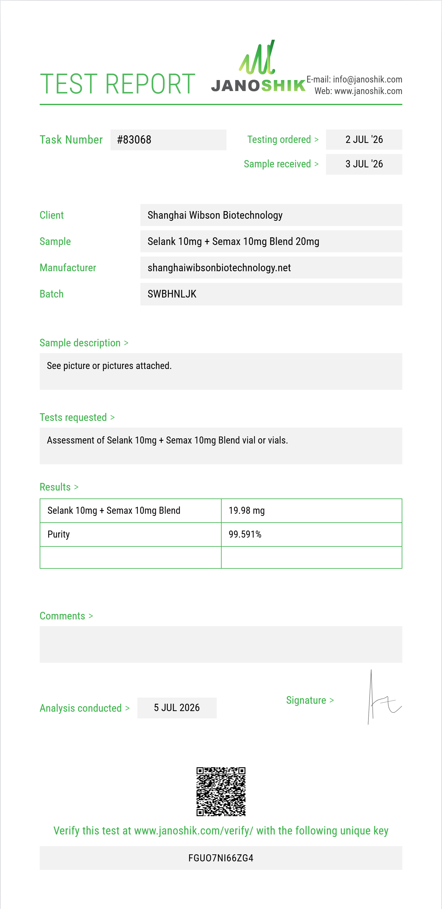 Selank 10mg + Semax 10mg Blend Purity (HPLC) report by Janoshik Analytical
