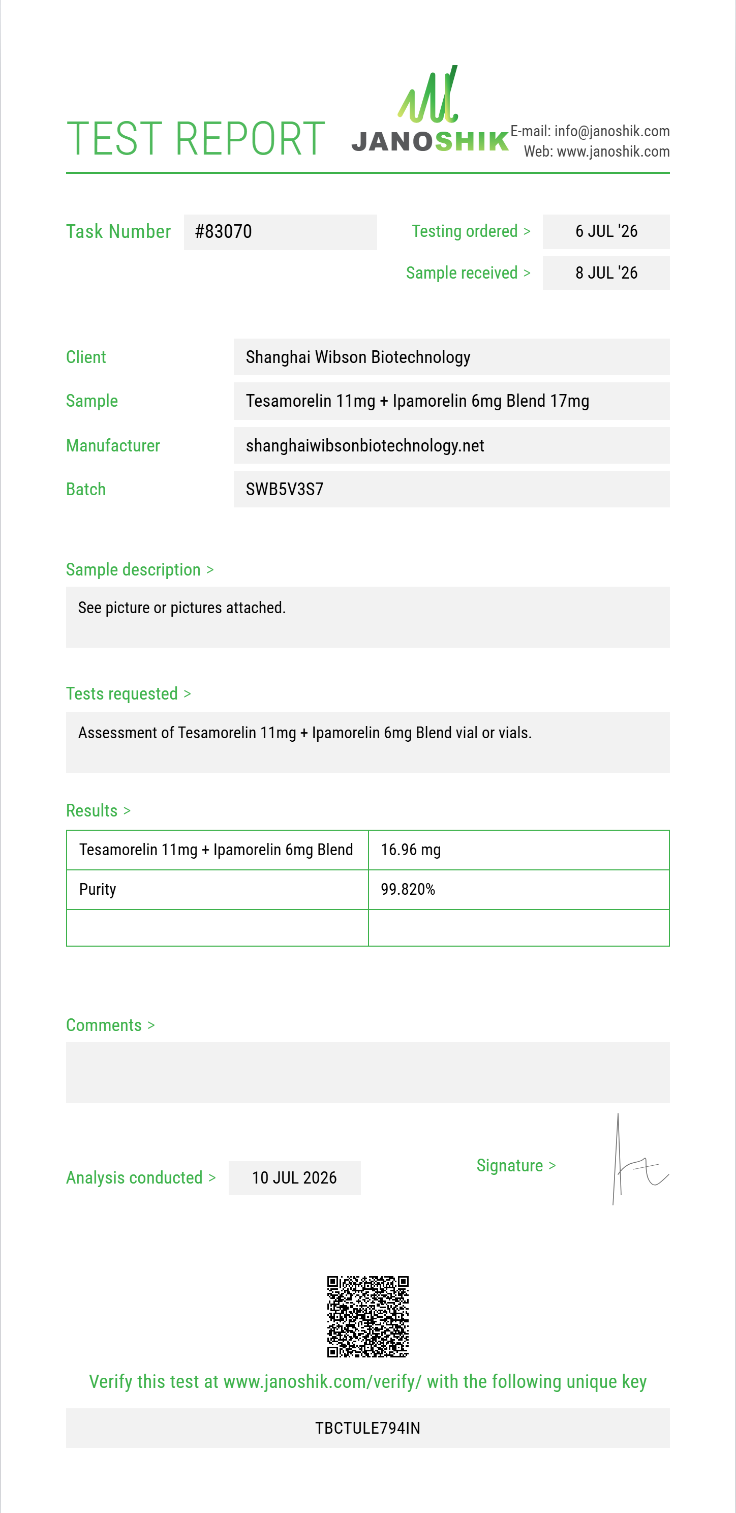Tesamorelin 11mg + Ipamorelin 6mg Blend Purity (HPLC) report by Janoshik Analytical