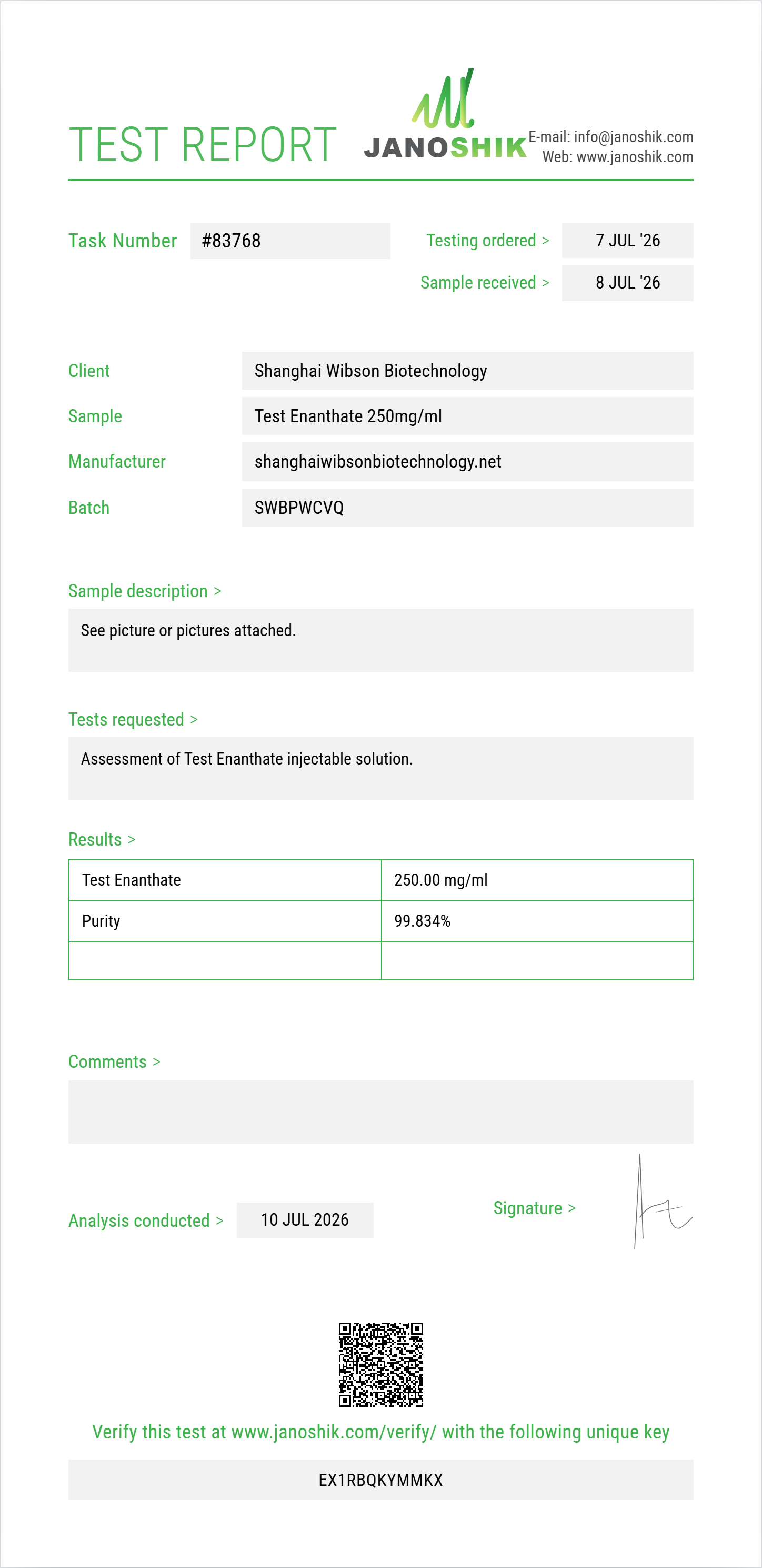 Test Enanthate Purity (HPLC) report by Janoshik Analytical