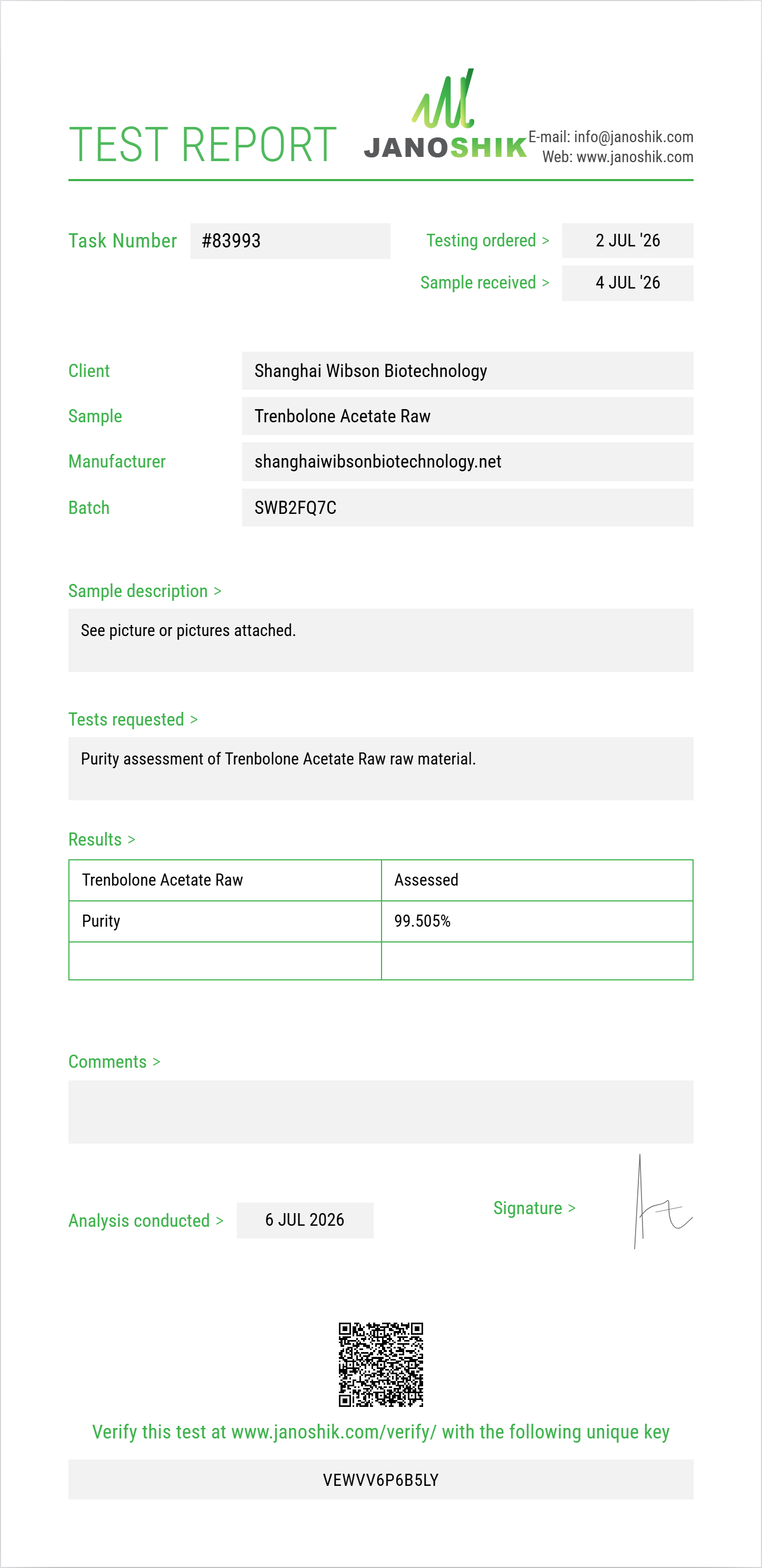 Trenbolone Acetate Raw Purity (HPLC) report by Janoshik Analytical