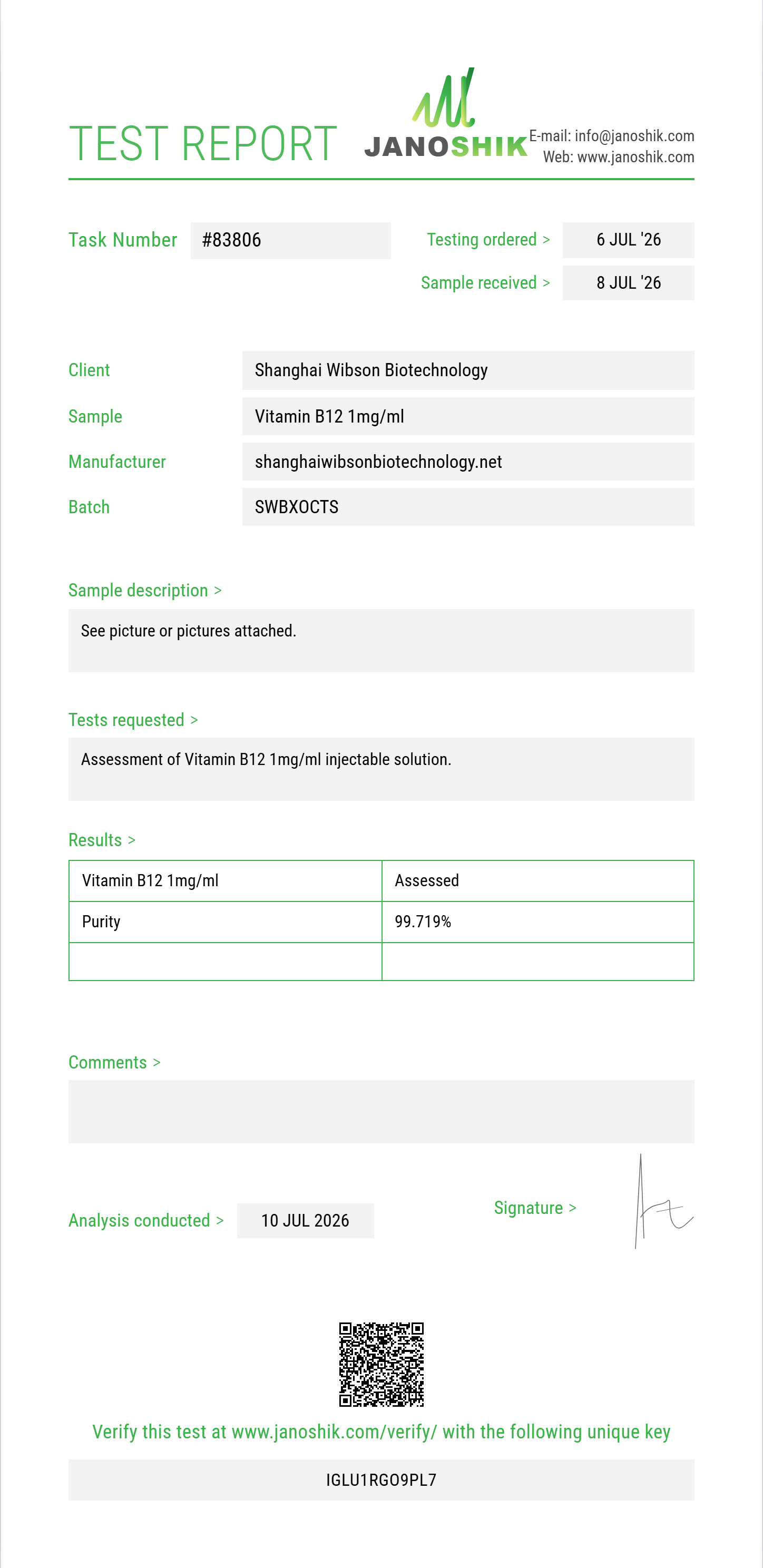 Vitamin B12 1mg/ml Purity (HPLC) report by Janoshik Analytical