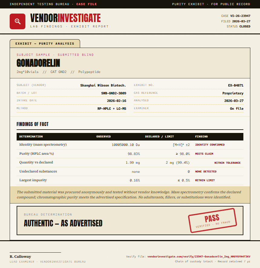 Gonadorelin Purity (HPLC) report by VendorInvestigate
