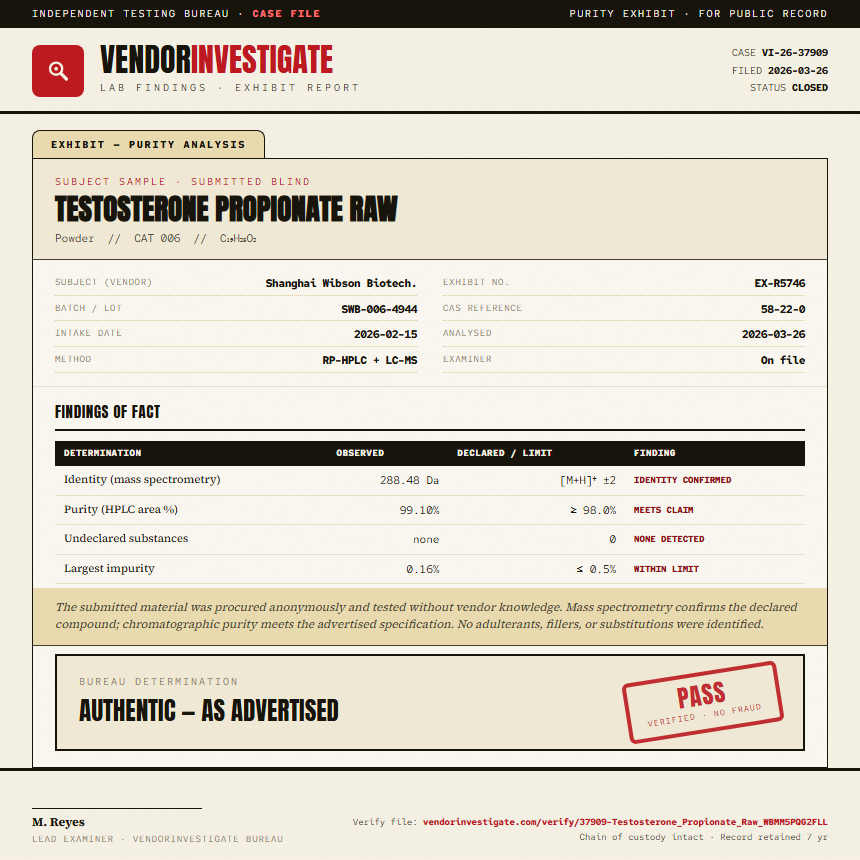 Testosterone Propionate Raw Purity (HPLC) report by VendorInvestigate